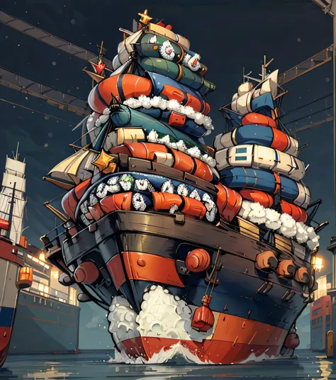 sushistyle christmas tree, em tons de azul, with ship containers and vehicles in a port terminal