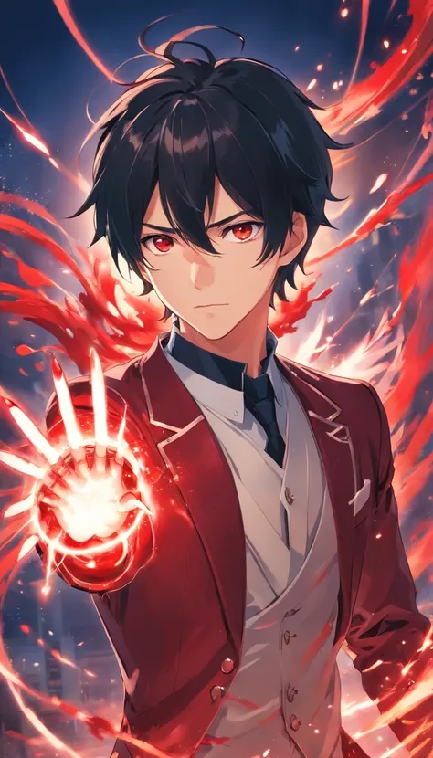 "tall, white male with black hair and intense, enchanting eyes, wearing a formidable suit of blood-red armor and imbued with powerful magic."