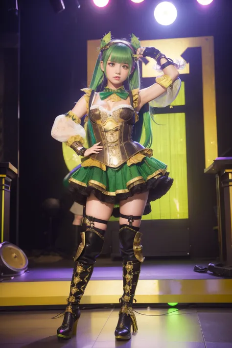 Female idol covered in stink bugs、full body Esbian、、Steampunk armor fashion covered in stink bugs（shiny green and gold）、Colorful hair、