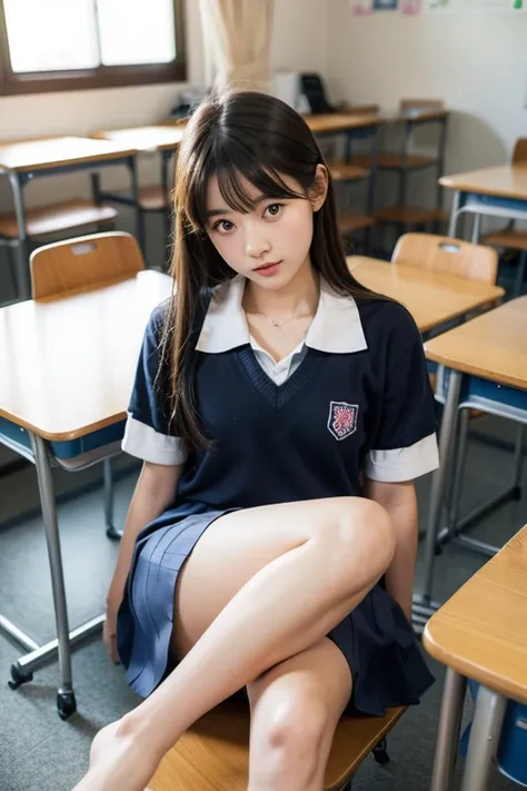 There is a woman sitting at the desk in the classroom，holding a book in his hands, A surreal schoolgirl, cute female student, surreal school girl, realistic school girl, Beautiful high school girl, consisting of a female student, Wearing Japan school unifo...