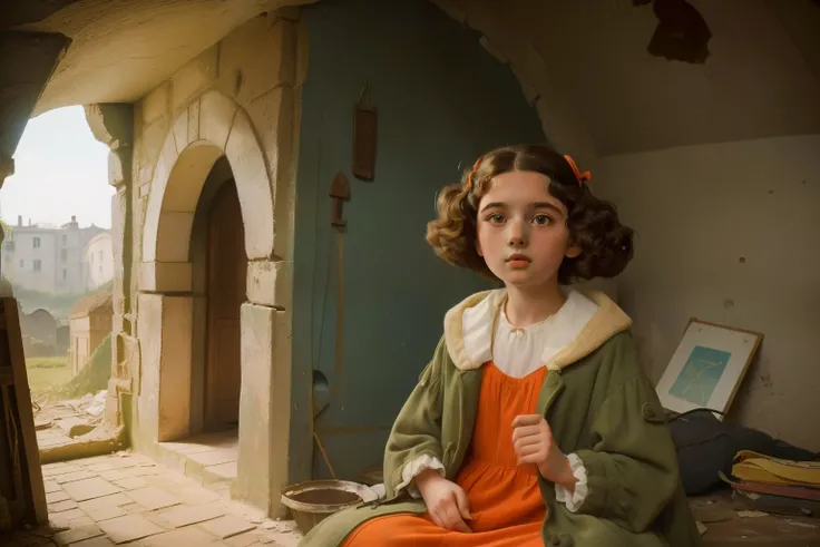 1965, Italy. Pre-raphaelite ((((10-year-old)) Momo)), homeless girl, messy short curly hair, oversized coat, ((happiness expression)), in an anphitheatre cave, ruins, shanty bedroom ((((big and unkempt Clothing from the 1960s)))), ((curly Hairstyle of the ...