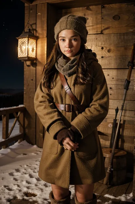 cute female medieval fantasy archer, 17 years old, conscientious, rough wool overcoat, wool cap, wool mittens, bow and quiver slung on back, standing in lookout tower, cold winter night