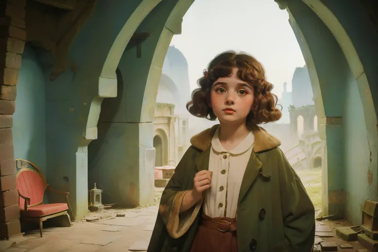 1965, Italy. Pre-raphaelite ((((10-year-old)) Momo)), homeless girl, messy short curly hair, oversized coat, ((happiness expression)), in an anphitheatre cave, ruins, shanty, ((((big and unkempt Clothing from the 1960s)))), ((curly Hairstyle of the 1960s))...