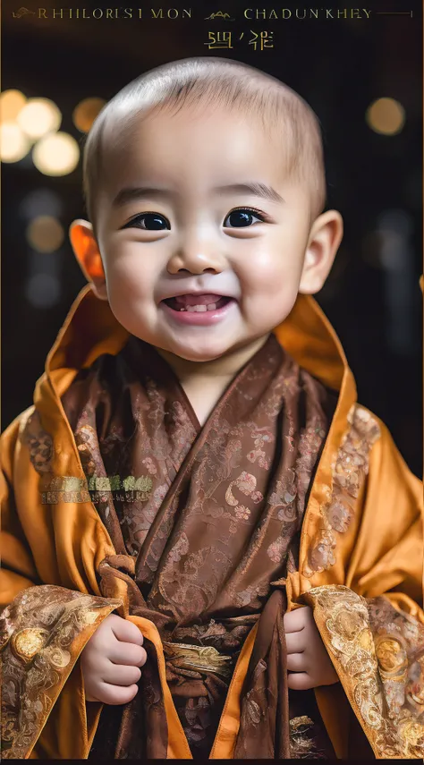 One in a robe、Close-up of smiling baby, lovely digital painting, Monks robes, ruan jia beautiful!, Cute Korean face, Young Angels, yanjun chengt, Match with ancient Chinese costumes, High-quality portraits, wearing brown robes, cai xukun, smiling warmly, 7...