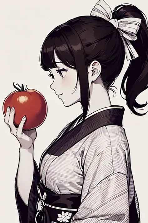 (((logo mark))),(((simple line art)))、Please draw a beautiful side profile of a girl in a single stroke (line art). The girl has a ponytail with a large ribbon, is smiling, and is holding a tomato in one hand, gazing at it. The line color should be a deep ...