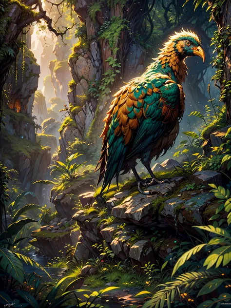 (best quality,highres,masterpiece:1.2),detailed turkey,tropical jungle of stone spikes,richly textured feathers,curious expressions,wild,complex ecosystem,lush green foliage,ancient stone formations,harsh,unforgiving environment,mysterious atmosphere,livel...