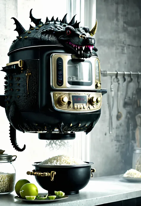 Kaia Koopman (Caia Koopman) styled, beautifuldetails，（Crocodile monster shaped rice cooker），Many bowls of rice，goth style，punk，Creative product design，Very unified CG，Complicated details，
 Background with：（Many bowls of rice)，kitchen wasteland, sci fi art,...