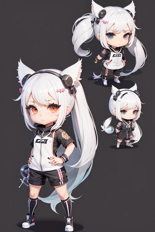 character naughty , ((chibi)) artist , stand front, half twin tail ,white hair, jumpsuit ,cool ,(character design) ,((fish character vtuber)) ,(fish fins)