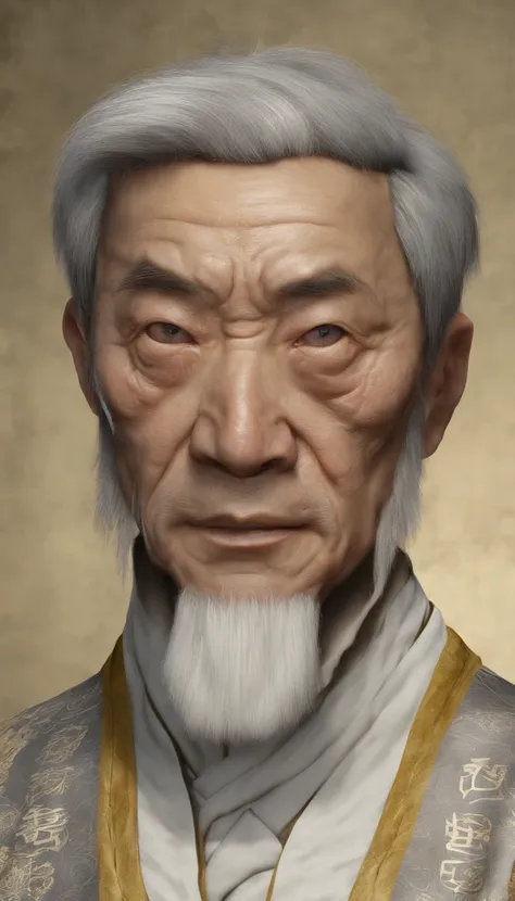 Old Man of the East，Frontal portrait of ancient Chinese figures（Portrait of Confucius 1.0），（Bust portrait 1.5），Audience visual inspection（facing at the camera），White haired man，hair-bun，no headwear，hair tying up。yellow clothing。solid color backdrop（Drawing...