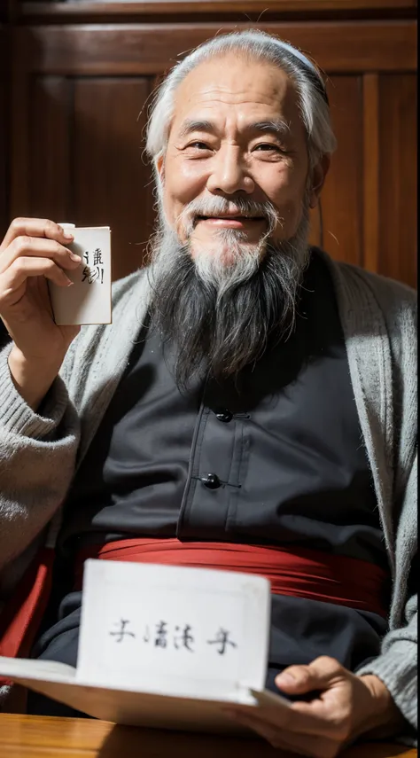 An old Chinese man with a long white beard sits at the table holding a book, Taoist, Frontal photo，With a smile