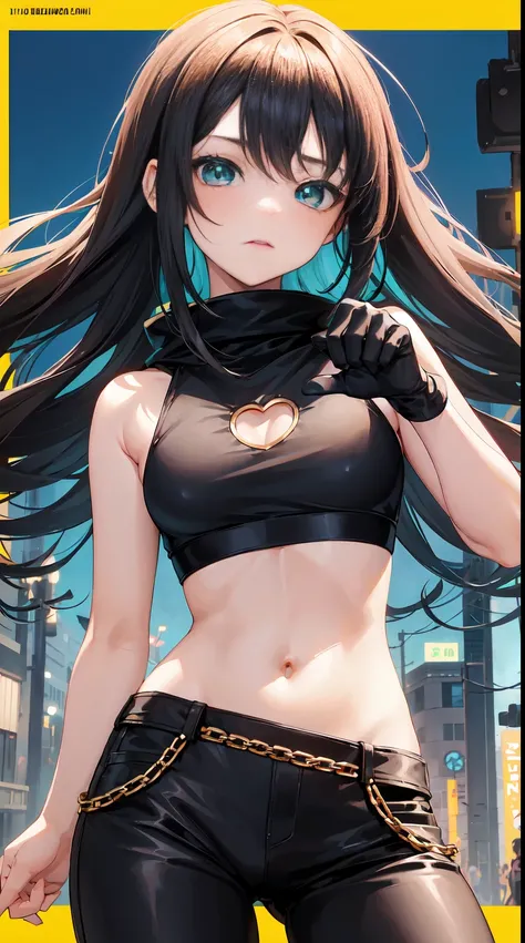 10 year old, 1girl, young girl, anime style, skinny body, Anime young girl wearing crop top black hoodie, skinny jeans pants, blue long hair with hair-clip, green eyes colour, pose picture of her cute pose, straight on street of towers, anime art wallpaper...