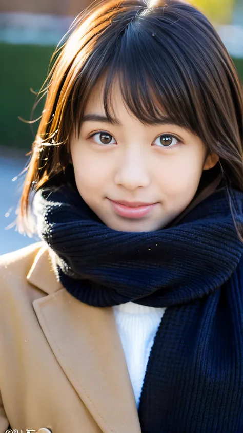 Best-quality, Masterpiece, Ultra-High-Resolution, (Photorealistic:1.4), Raw-Photo, Extremely-Details, Perfect-Anatomy, 

in winter schoolyard, 

1girl, ((15-years-old)), the most popular Japanese idol, (wearing Japanese high-school winter uniform, muffler ...