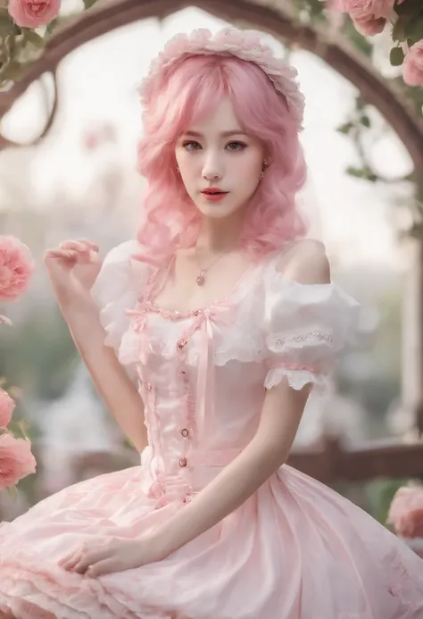 Super delicate and cute girl with pink hair and Lolita skirt. 8K ultra-high image quality, fine texture, with a pure white background.