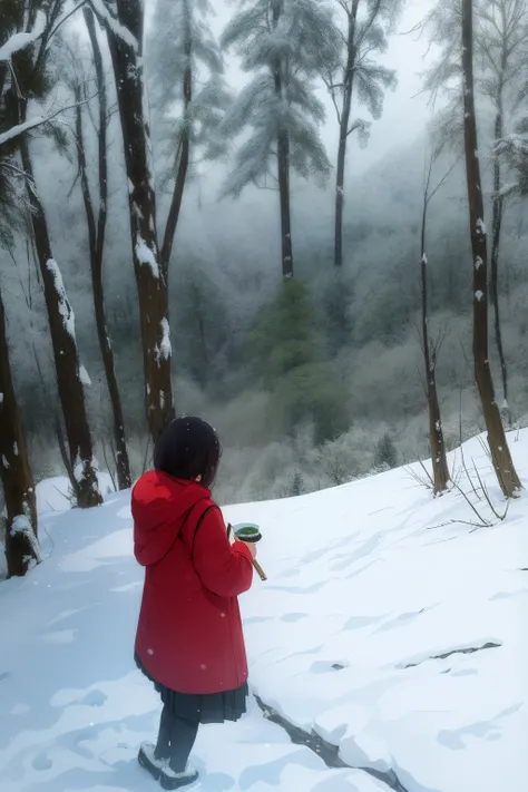 girl, Surreal art、masuter piece、独奏、Little woman、short-cut、Natural color clothing、Natural look、top-quality、ultra-detailliert、High quality detailing、８ｋ、snow mountains:1.5、Winter Forest、Tree leakage day、Silence