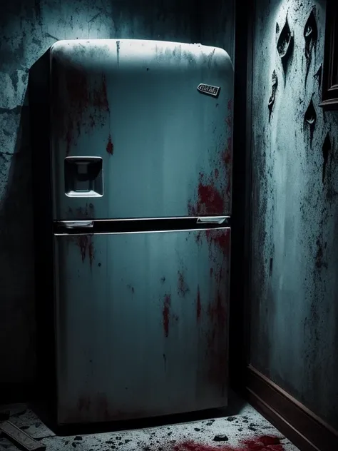 terrible refrigerator, Stained with blood, Eerie darkness, （（Reaching out frozen hands from the refrigerator））, Chilling artwork, strange flashing lights, Haunted atmosphere, creepy whispers, mysterious indifference, Icy breathing, Eerily silence, spooky f...