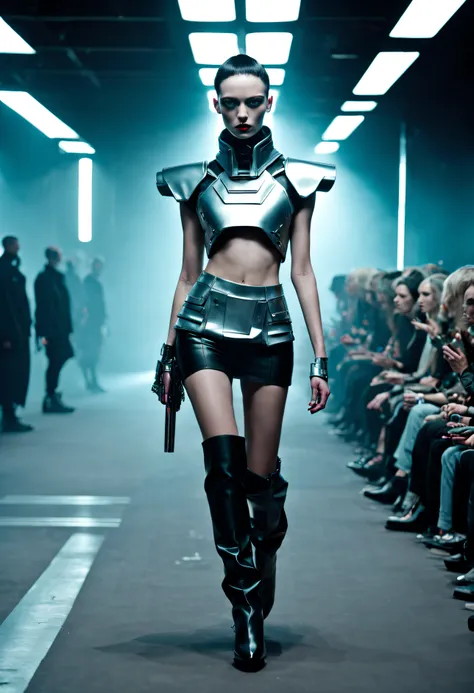 Weird fashion runway inspired by 90s cyberpunk , Written by Juli Grbak , Written by Kermit Tesoro , Written by Leona Edmiston ,  Cinematic, Detailed face, Perfect Photo