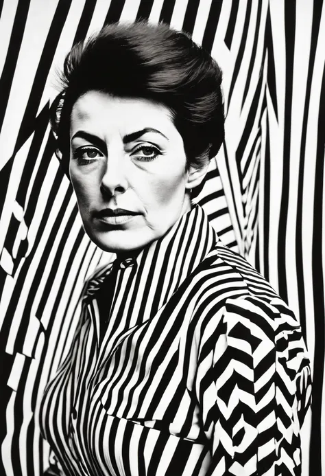 bridget riley&#39;s style, peculiarity, sportrait, a half body, wearing a fine shirt, the face is very detailed, beautifuldetail...