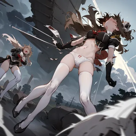 sweetlip, black outfit, navel, white thighhighs, gloves, multiple girls, 6+girls, perfect anatomy, masterpiece, best quality, highres, big breast, :o, screaming, battlefield, scenery, closed eyes, tottering, falling, torn clothes, exposed (white underwear:...