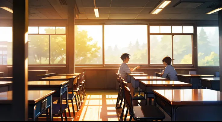 (Best Quality,hight resolution),Full Shot,Distant view,High School Classroom in Japan,Lively classroom during lunch break. High school boys in the distance, Wearing a school uniform, Other students appear blurry in the background. soft sunlight, When you f...