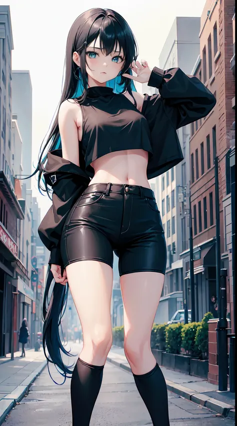 10 year old, 1girl, young girl, anime style, skinny body, Anime young girl wearing crop top black hoodie, skinny jeans pants, blue long hair with hair-clip, green eyes colour, pose picture of her cute pose, straight on street of towers, anime art wallpaper...