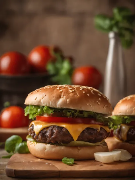 two hamburgers with cheese, onions, and tomatoes on a wooden cutting board, hamburgers, serving burgers, operating on burgers, high quality food photography, cheeseburger, shutterstock, big juicy burger, professional food photography, burger, eating burger...