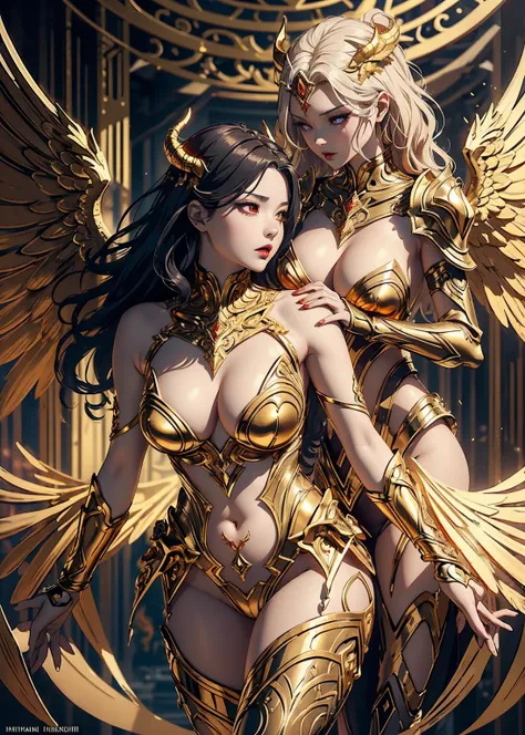 best quality,ultra-detailed,realistic,sexy demon-angelic figure with seductive aura,dark wings,heavenly glowing eyes,piercing gaze,pouty red lips, horns on forehead,flowing golden hair,fit and toned body,elaborate golden armor revealing beautiful curves,go...