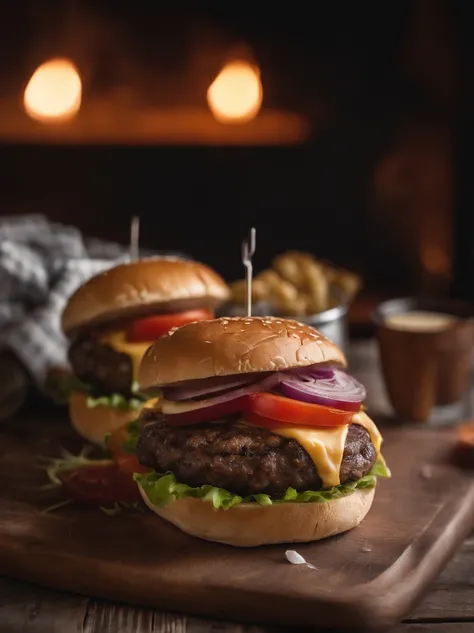 two hamburgers with cheese, onions, and tomatoes on a wooden cutting board, hamburgers, serving burgers, operating on burgers, high quality food photography, cheeseburger, shutterstock, big juicy burger, professional food photography, burger, eating burger...