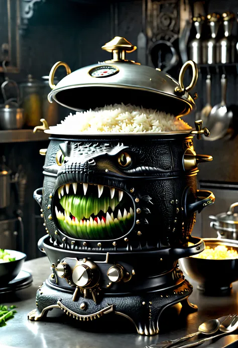 kaia koopman (kaia koopman) stylized, beautifuldetails，（crocodile monster shaped rice cooker），many bowls of rice，goth style，punk...