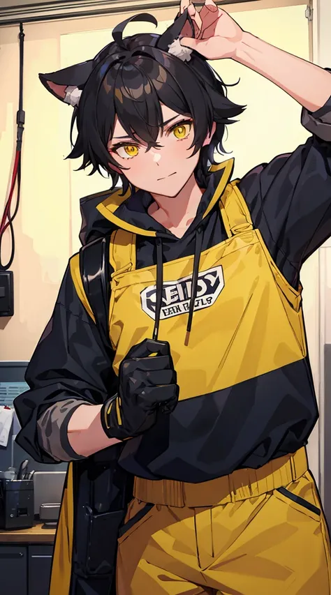 Best Quality, Very detailed, Guy, electrician clothes, bright yellow eyes, Thick hair, ready for anything pose, hair forms like hanging ears