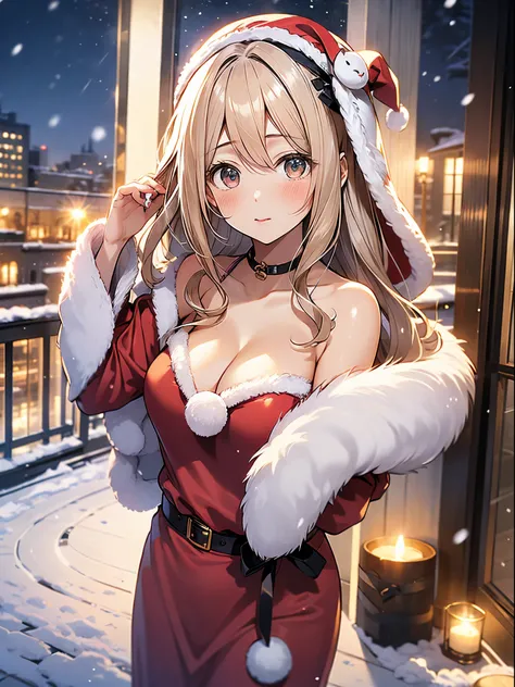 in 8K、top-quality、​masterpiece、ultra-detailliert、Ultra-high resolution、1 persons、17 years old girl、Its snowing、nightcity、a blond、santa costume、cleavage of the breast、Aerial view