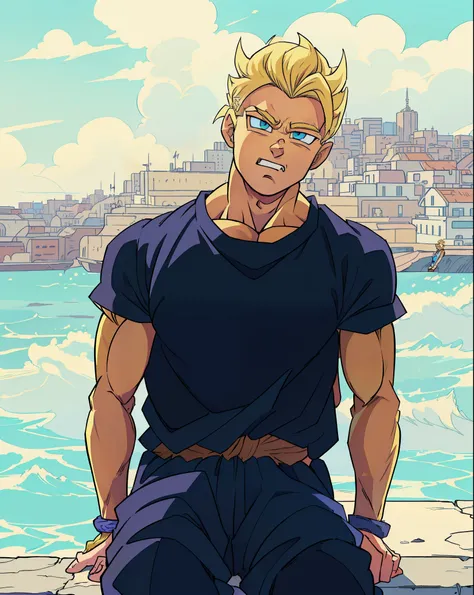 arafed man sitting on a ledge with a city in the background, ,HD, ((super saiyan)),(drawing, manga, ((masterpiece)) 4k, ((manga-style)) drawing style, character concept, super saiyan shape, ((blonde hair:1.3)), blue eyes, Son Goku, (spiked up hair),