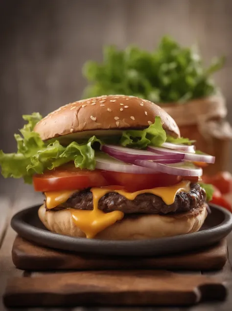 two hamburgers with cheese, onions, and tomatoes on a wooden cutting board, hamburgers, serving burgers, operating on burgers, high quality food photography, close up, cheeseburger, shutterstock, big juicy burger, professional food photography, burger, eat...