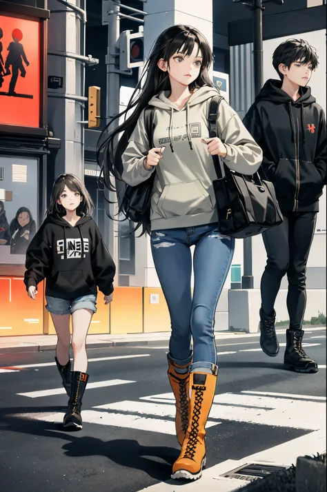 1人の女性(Women in Their 20s)，（​masterpiece，Highest Quality），caps、Gray hoodie，denim short pants，Bag，Engineer Boots、long boots、A dark-haired，Walking at a pedestrian crossing