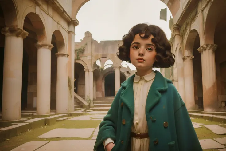 1965, Italy. Pre-raphaelite ((((9-year-old)) Momo)), homeless girl, messy short curly hair, oversized coat, ((happiness expression)), inside a roman anphitheatre, ruins, ((((big and unkempt Clothing from the 1960s)))), ((curly Hairstyle of the 1960s)), ((W...