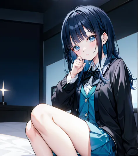 Blunt bangs、1girl in,night bedroom、Dark blue hair、Black tie、light blue cardigan、Black miniskirt、Shining eyes、独奏