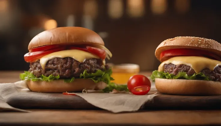 two hamburgers with cheese, onions, and tomatoes on a wooden cutting board, hamburgers, serving burgers, operating on burgers, high quality food photography, cheeseburger, shutterstock, big juicy burger, professional food photography, burger, eating burger...