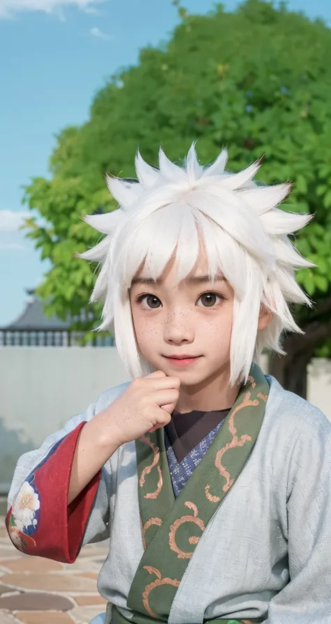 Real life adaption of this character , The handsome face of a little boy, realistic same hair , (realistic same kimono outfit), realistic background , realistic light, realistic shadow, realism, hyper realistic,(photorealistic:1.2), normal small eyes, laug...