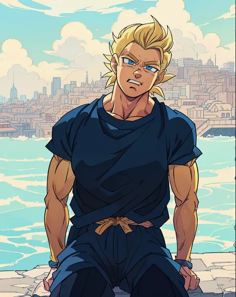 arafed man sitting on a ledge with a city in the background, ,HD, ((super saiyan)),(drawing, manga, ((masterpiece)) 4k, ((manga-style)) drawing style, character concept, super saiyan shape, ((blonde hair:1.3)), blue eyes, Son Goku, (spiked up hair),