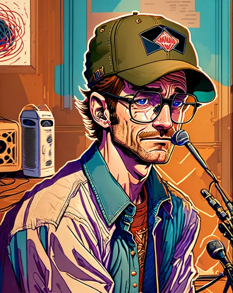 dale gribble from the sitcom king of the hill, dale gribble on a podcast interview speaking on the mic, art style by Mike Judge --auto --s2