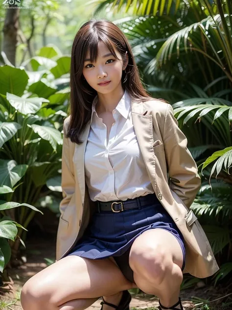 ((top-quality、in 8K、​masterpiece:1.3、Raw photo))、Super high quality photos, In the tropical jungle, ((Wearing business suit jacket and skirt)), ((Wear a white blouse shirt under the jacket)), ((Perfect beauty 20 year old idol Japan woman)), ((a smile)), ((...