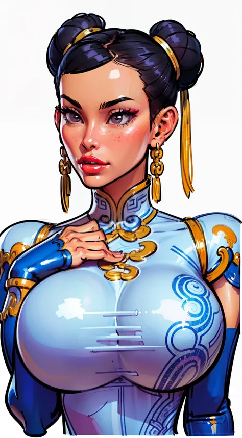 ((masterpiece)),(((best quality))),((character design sheet)),  ((chun_li)), ((full body view))  mature face, (twin hair buns),((asian eyes:1.4)),  (((intricate futuristic breastplate))), defined cheekbones, high cheekbones, illustration, muscular, sexy bi...