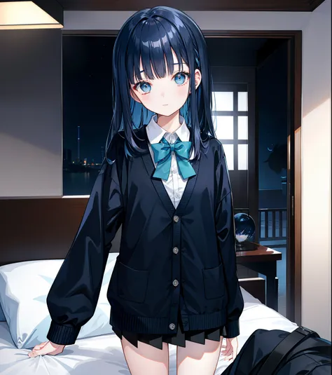 Blunt bangs、1girl in,night bedroom、Dark blue hair、Black tie、light blue cardigan、Black miniskirt、Shining eyes、独奏