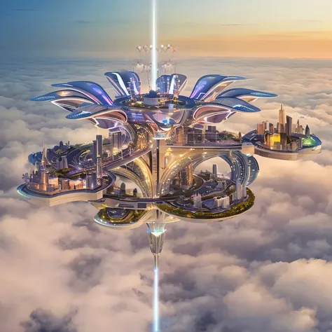 futuristic city in the sky with a futuristic flower like structure, floating city in the sky, floating city on clouds, solarpunk futuristic utopia, downtown solarpunk utopia, beautiful city of the future, solarpunk city, solarpunk utopia, city of the futur...