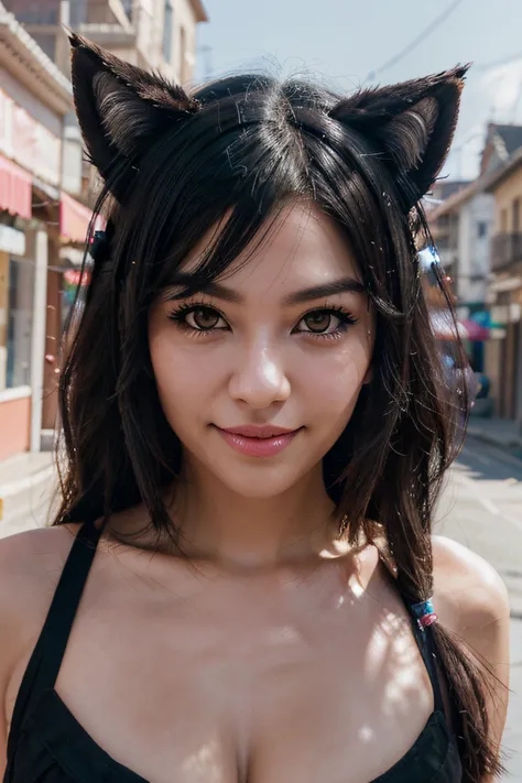 black hair, hair bobbles, wince, longeyelashes, solid circle eyes, fake animal ears, light smile, ear blush, fang, Surrealism, drop shadow, anaglyph, stereogram, tachi-e, pov, atmospheric perspective, 8k, super detail, ccurate, ((best quality))