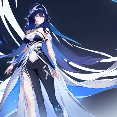 The woman. Dark blue hair with bright blue streaks. slightly wavy hair. light eyes. White and black pantsuit with lots of embellishments and ribbons......