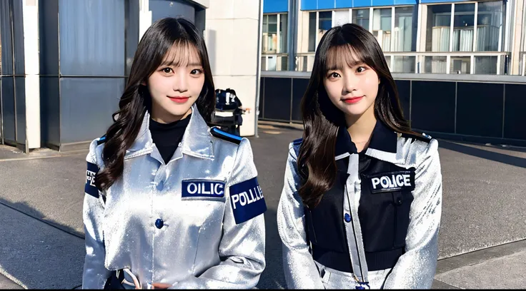 Cute female police officer 18 years old in a silver uniform