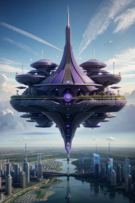 purple futuristic city in the sky with a futuristic flower like structure, floating city in the sky, floating city on clouds, solarpunk futuristic utopia, downtown solarpunk utopia, beautiful city of the future, solarpunk city, solarpunk utopia, city of th...