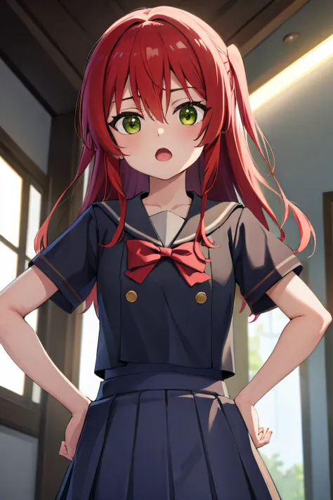 kitaikuyo, ikuyo kita, (green eyes:1.5), hair between eyes, long hair, one side up, red hair, (flat chest:1.2),
BREAK black footwear, black skirt, grey sailor collar, pleated skirt, sailor collar, school uniform, shoes, short sleeves, shuka high school uni...