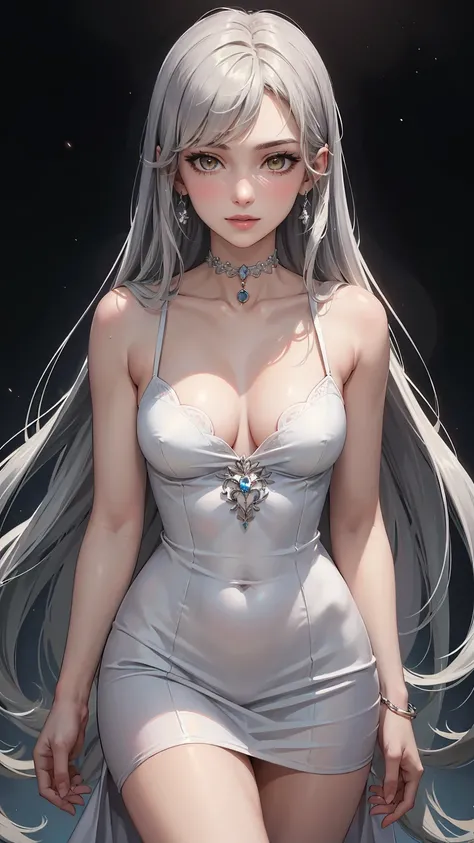 ((((masterpiece, best quality, high resolution)))), (1girl:1.5), ((long silky hair, silver hair, yellow eyes, earrings, choker)), (medium breasts:1.2), blush, light smile, parted lips, glow, thighs, bare shoulders, collarbone, narrow waist, (slender body f...