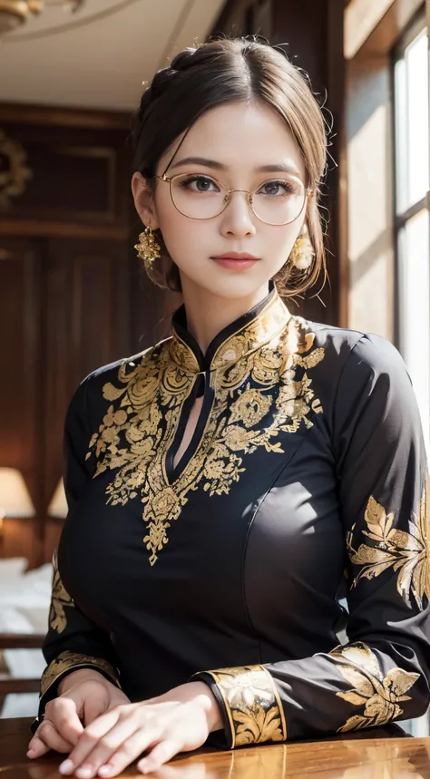 (A woman:1.5), (wearing long sleeve black kebaya with detailes gold batik ornament, classical glasses), (elegant pose:1.4) in the morning in the big city, beautiful detailed eyes, grey blue eyes, beautiful face, peaceful smiles, braid hair, plumpy postures...